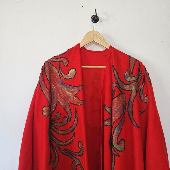 Vintage Handmade Wool Red Beaded Poncho Shawl Long Flowy Geometric Floral - Picture 2 of 13
